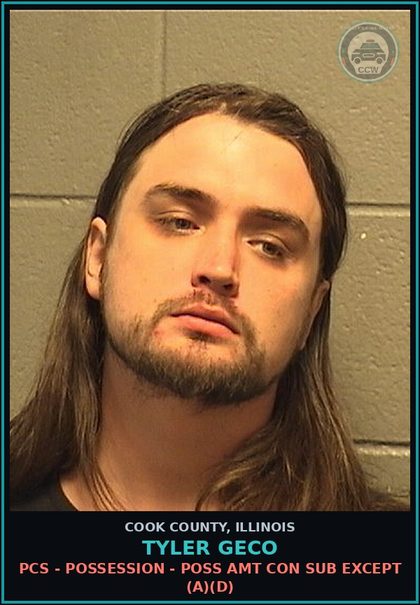 CCW arrest card for Tyler Geco in Cook County: PCS - POSSESSION - POSS AMT CON SUB EXCEPT (A)(D)