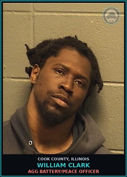 CCW arrest card for William Clark in Cook County: AGG BATTERY/PEACE OFFICER