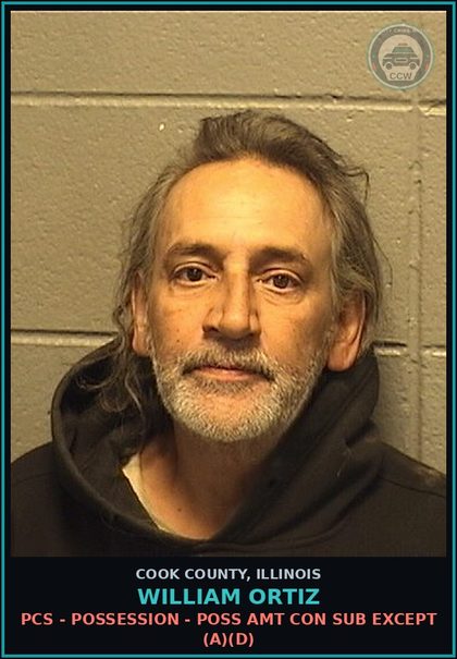 CCW arrest card for William Ortiz in Cook County: PCS - POSSESSION - POSS AMT CON SUB EXCEPT (A)(D)