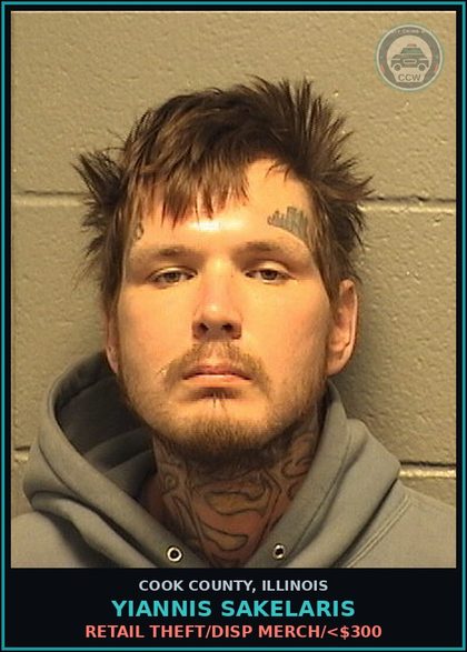 CCW arrest card for Yiannis Sakelaris in Cook County: RETAIL THEFT/DISP MERCH/<$300