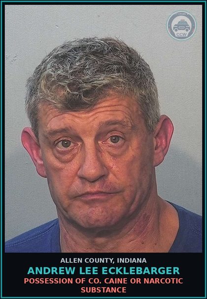 CCW arrest card for Andrew Lee Ecklebarger in Allen County: POSSESSION OF COCAINE OR NARCOTIC DRUG