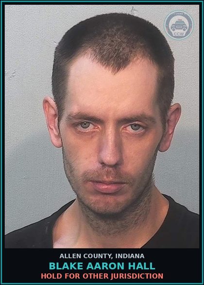 CCW arrest card for Blake Aaron Hall in Allen County: HOLD FOR OTHER JURISDICTION