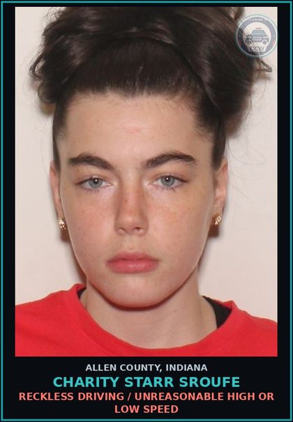 CCW arrest card for Charity Starr Sroufe in Allen County: RECKLESS DRIVING / UNREASONABLE HIGH OR LOW SPEED