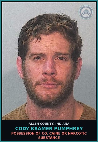 CCW arrest card for Cody Kramer Pumphrey in Allen County: POSSESSION OF COCAINE OR NARCOTIC DRUG