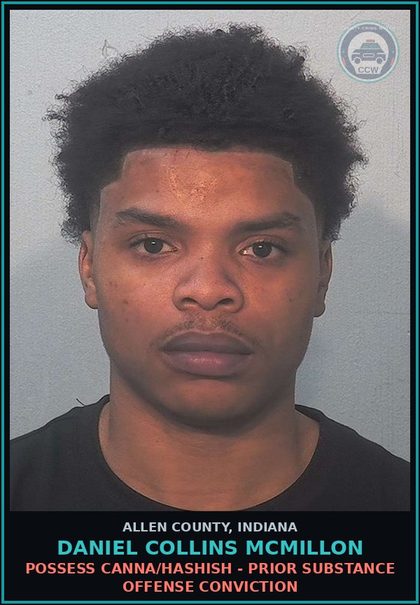CCW arrest card for Daniel Collins Mcmillon in Allen County: POSSESS Canna/HASHISH - PRIOR DRUG OFFENSE CONVICTION