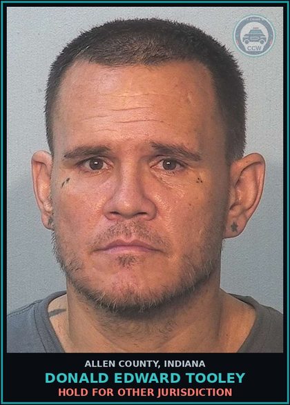 CCW arrest card for Donald Edward Tooley in Allen County: HOLD FOR OTHER JURISDICTION
