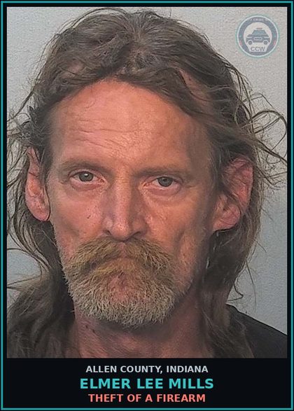 CCW arrest card for Elmer Lee Mills in Allen County: THEFT ALL OTHER LARCENY PRIOR UNRELATED CONVICTION THEFT OR CONVERSION