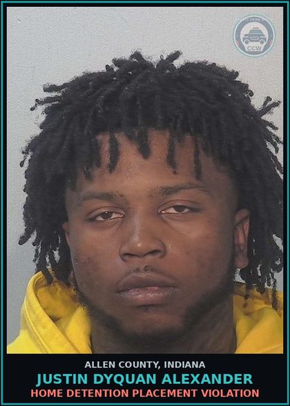 CCW arrest card for Justin Dyquan Alexander in Allen County: HOME DETENTION PLACEMENT VIOLATION