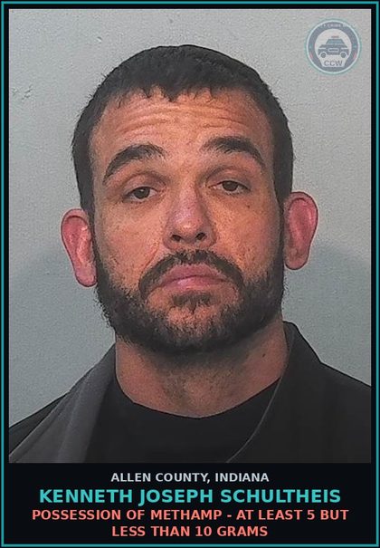 CCW arrest card for Kenneth Joseph Schultheis in Allen County: POSSESSION OF Methamp - AT LEAST 5 BUT LESS THAN 10 GRAMS