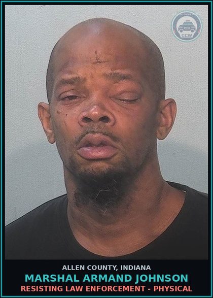 CCW arrest card for Marshal Armand Johnson in Allen County: UNLAWFUL CARRYING OF A HANDGUN - PRIOR HANDGUN CONVICTION