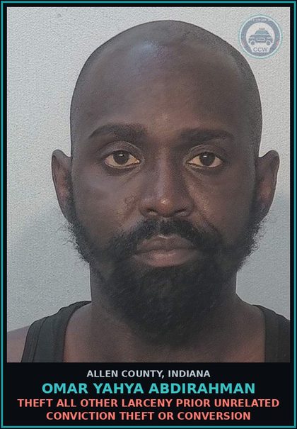 CCW arrest card for Omar Yahya Abdirahman in Allen County: PUBLIC INTOXICATION
