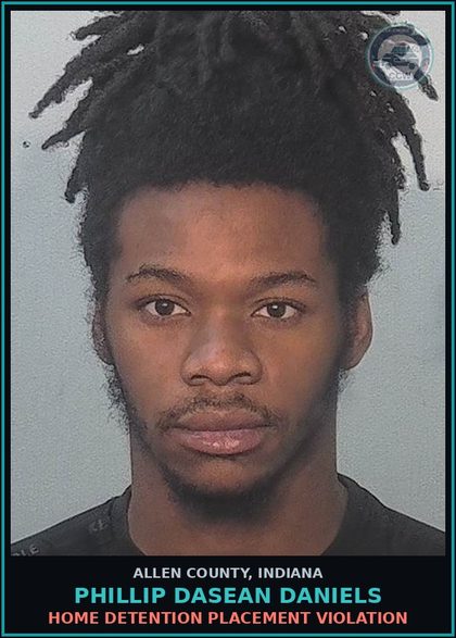 CCW arrest card for Phillip Dasean Daniels in Allen County: HOME DETENTION PLACEMENT VIOLATION
