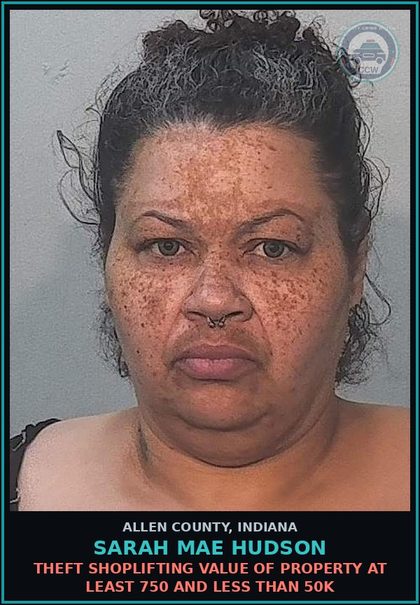 CCW arrest card for Sarah Mae Hudson in Allen County: THEFT SHOPLIFTING VALUE OF PROPERTY AT LEAST 750 AND LESS THAN 50K