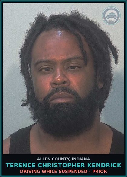 CCW arrest card for Terence Christopher Kendrick in Allen County: DRIVING WHILE SUSPENDED - PRIOR