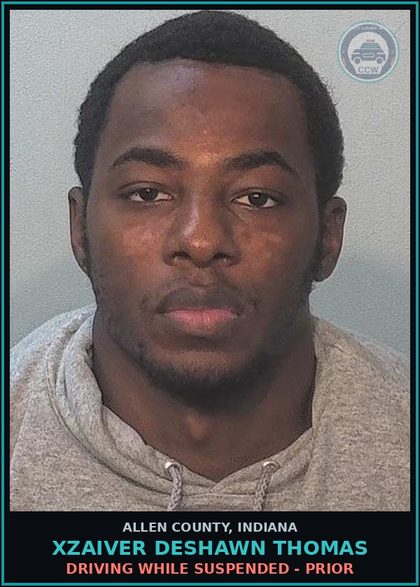 CCW arrest card for Xzaiver Deshawn Thomas in Allen County: DRIVING WHILE SUSPENDED - PRIOR