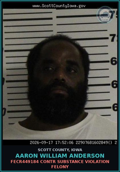 CCW arrest card for Aaron William Anderson in Scott County: FECR449184 contr substance VIOLATION FELONY