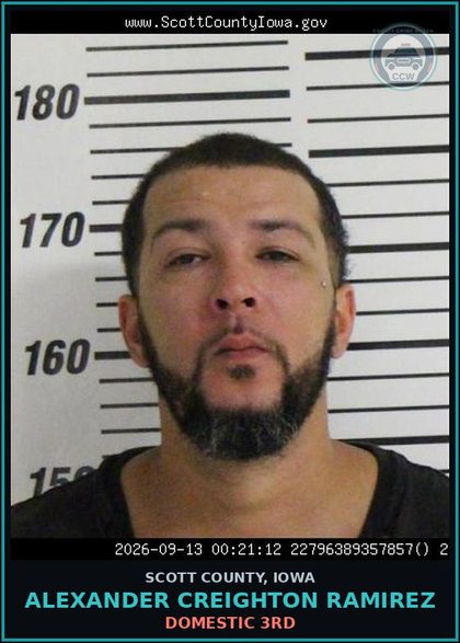 CCW arrest card for Alexander Creighton Ramirez in Scott County: DOMESTIC 3RD