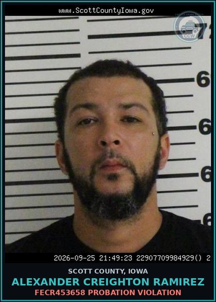 CCW arrest card for Alexander Creighton Ramirez in Scott County: FECR453658 PROBATION VIOLATION