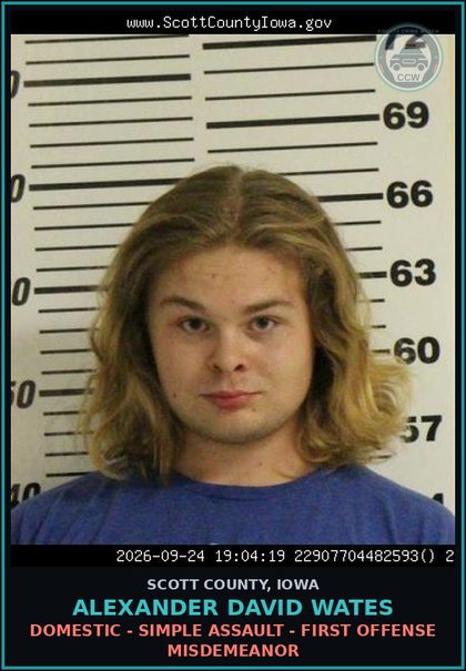 CCW arrest card for Alexander David Wates in Scott County: DOMESTIC - SIMPLE ASSAULT - FIRST OFFENSE MISDEMEANOR