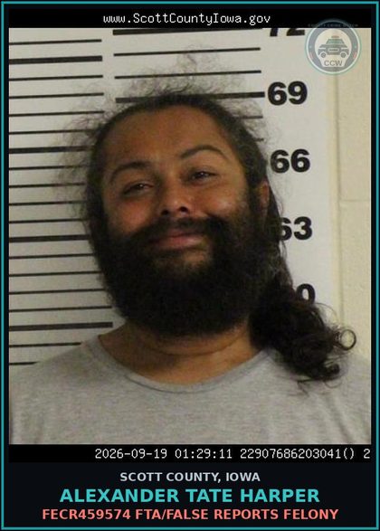 CCW arrest card for Alexander Tate Harper in Scott County: FECR459574 FTA/FALSE REPORTS FELONY