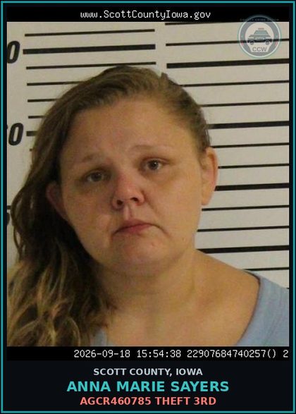 CCW arrest card for Anna Marie Sayers in Scott County: AGCR460785 THEFT 3RD