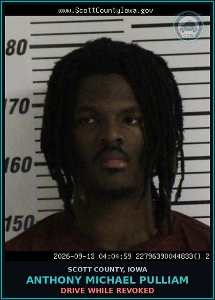 CCW arrest card for Anthony Michael Pulliam in Scott County: DRIVE WHILE REVOKED