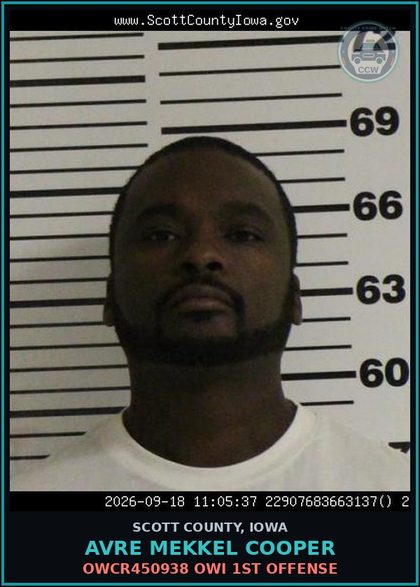CCW arrest card for Avre Mekkel Cooper in Scott County: OWCR450938 OWI 1ST OFFENSE