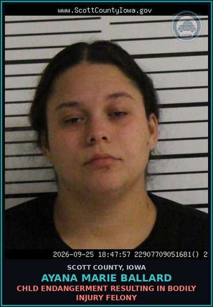 CCW arrest card for Ayana Marie Ballard in Scott County: chld ENDANGERMENT RESULTING IN BODILY INJURY FELONY
