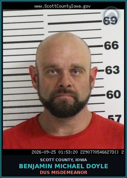 CCW arrest card for Benjamin Michael Doyle in Scott County: DUS MISDEMEANOR