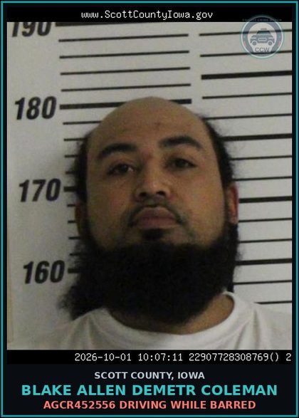 CCW arrest card for Blake Allen Demetr Coleman in Scott County: AGCR452556 DRIVING WHILE BARRED