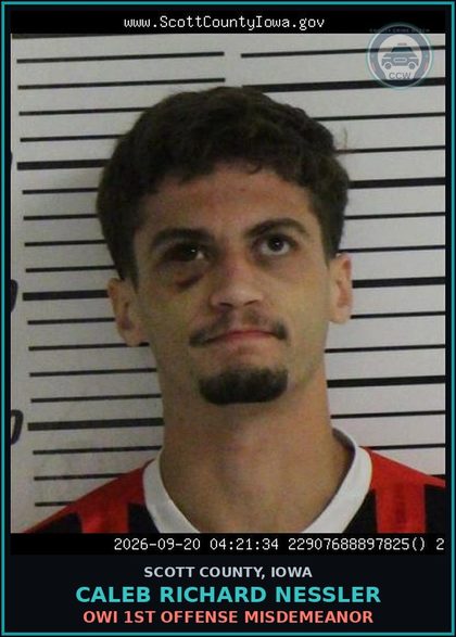 CCW arrest card for Caleb Richard Nessler in Scott County: OWI 1ST OFFENSE MISDEMEANOR