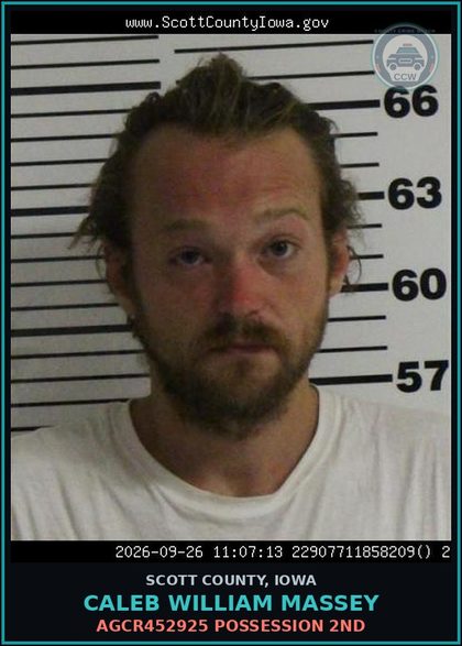 CCW arrest card for Caleb William Massey in Scott County: AGCR450858 ATTEMPTED BURG 3RD