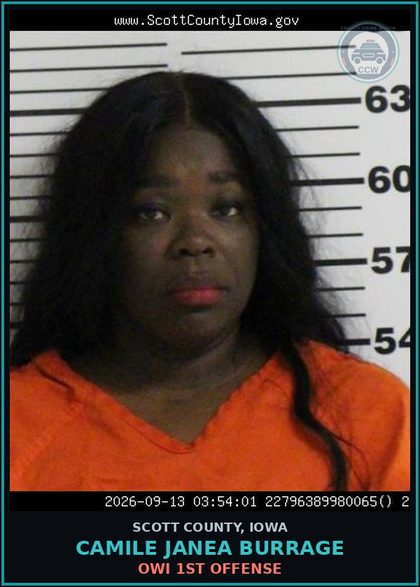CCW arrest card for Camile Janea Burrage in Scott County: OWI 1ST OFFENSE