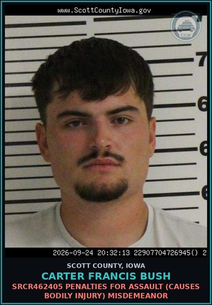 CCW arrest card for Carter Francis Bush in Scott County: SRCR462405 PENALTIES FOR ASSAULT (CAUSES BODILY INJURY) MISDEMEANOR