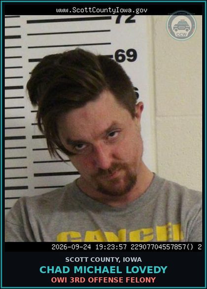CCW arrest card for Chad Michael Lovedy in Scott County: DRIVE WHILE REVOKED MISDEMEANOR