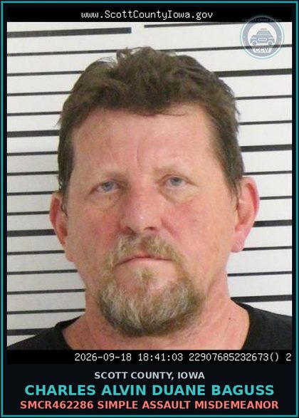 CCW arrest card for Charles Alvin Duane Baguss in Scott County: SMCR462286 SIMPLE ASSAULT MISDEMEANOR