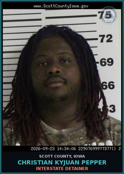 CCW arrest card for Christian Kyjuan Pepper in Scott County: INTERSTATE DETAINER