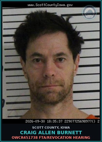 CCW arrest card for Craig Allen Burnett in Scott County: OWCR451738 FTA/REVOCATION HEARING