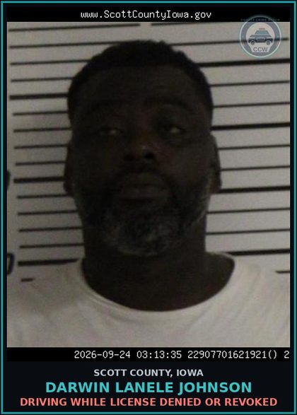 CCW arrest card for Darwin Lanele Johnson in Scott County: DRIVING WHILE LICENSE DENIED OR REVOKED