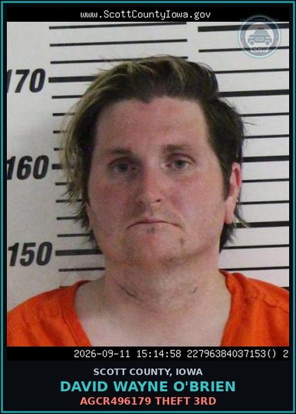 CCW arrest card for David Wayne O'Brien in Scott County: AGCR496179 THEFT 3RD