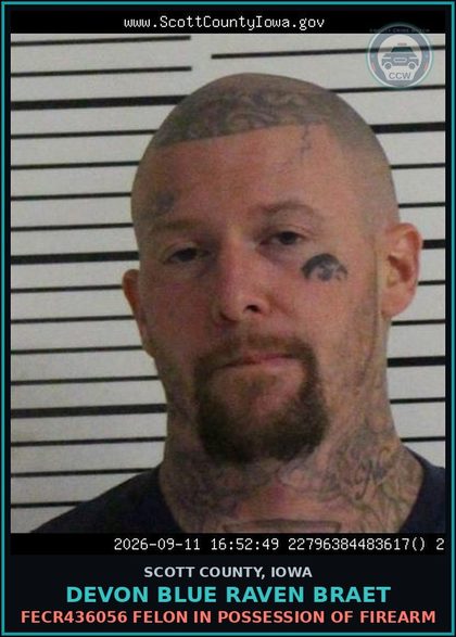 CCW arrest card for Devon Blue Raven Braet in Scott County: IOWA DOC INMATE