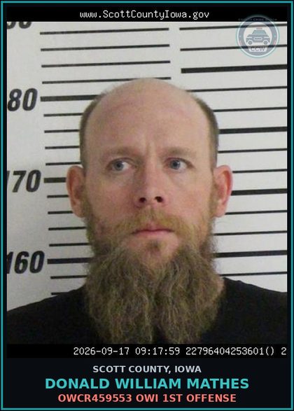 CCW arrest card for Donald William Mathes in Scott County: OWCR459553 OWI 1ST OFFENSE