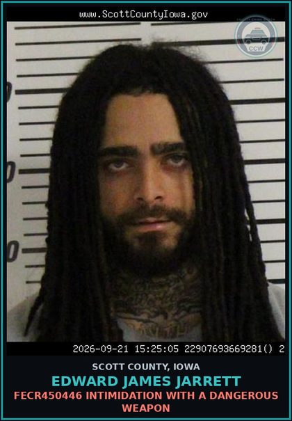 CCW arrest card for Edward James Jarrett in Scott County: FECR446672 CRIMINAL MISCHIEF 4TH DEGREE