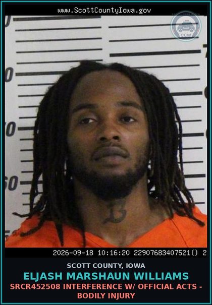 CCW arrest card for Eljash Marshaun Williams in Scott County: SRCR452508 INTERFERENCE W/ OFFICIAL ACTS - BODILY INJURY