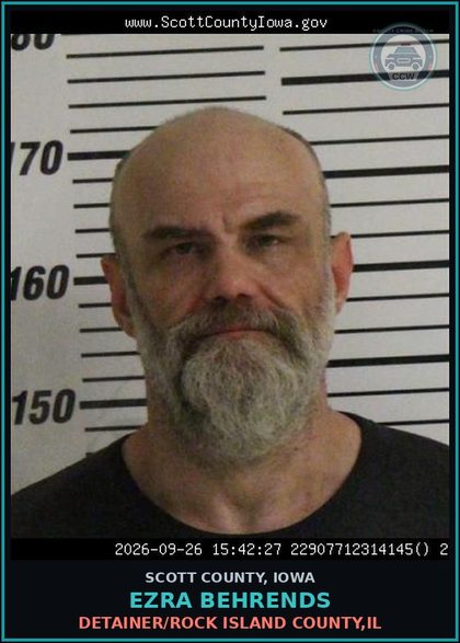 CCW arrest card for Ezra Behrends in Scott County: DETAINER/ROCK ISLAND COUNTY,IL