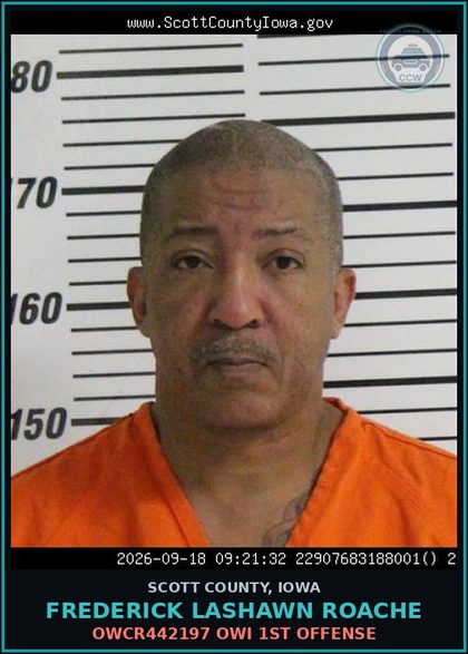 CCW arrest card for Frederick Lashawn Roache in Scott County: OWCR442197 OWI 1ST OFFENSE