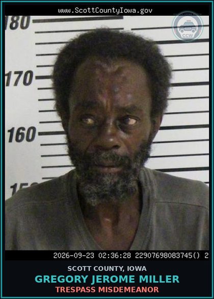CCW arrest card for Gregory Jerome Miller in Scott County: TRESPASS MISDEMEANOR