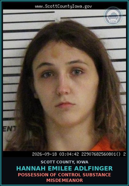 CCW arrest card for Hannah Emilee Adlfinger in Scott County: POSSESSION OF CONTROL SUBSTANCE MISDEMEANOR