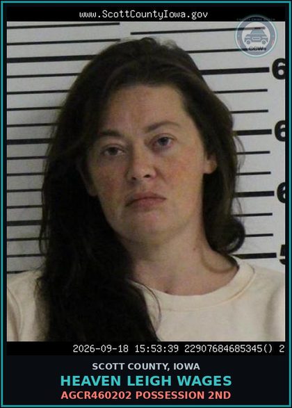 CCW arrest card for Heaven Leigh Wages in Scott County: AGCR460202 POSSESSION 2ND