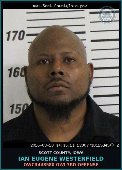 CCW arrest card for Ian Eugene Westerfield in Scott County: OWCR448580 OWI 3RD OFFENSE
